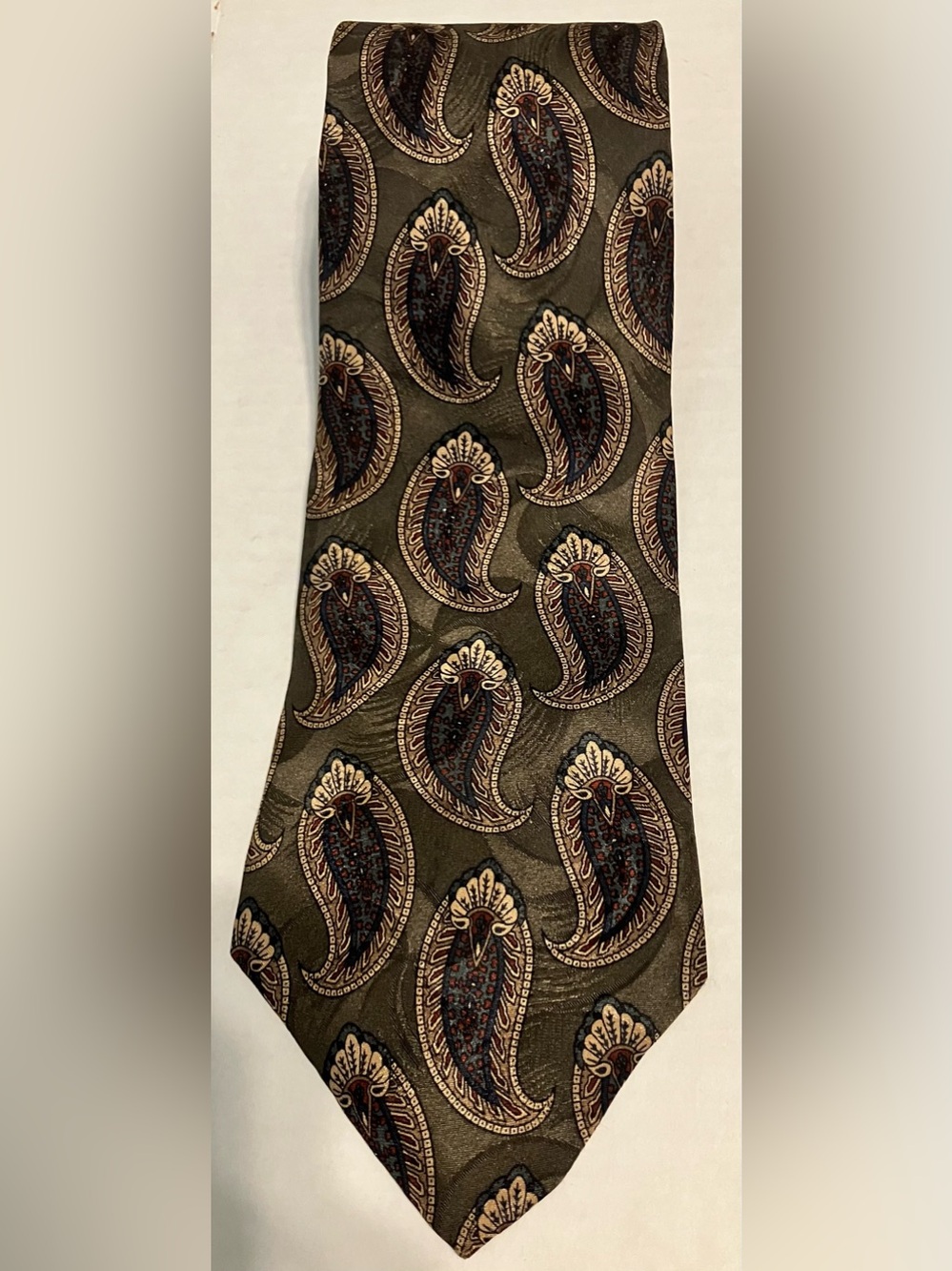 Boston Traders Olive Paisley Silk Tie with Brown and Cream Accents